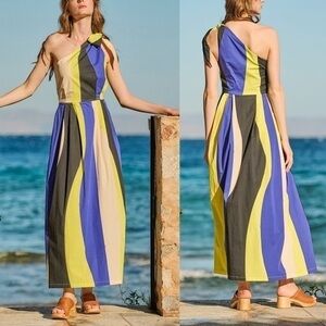 Annie P Cotton Purple Yellow One Shoulder Line Greece Maxi Dress L